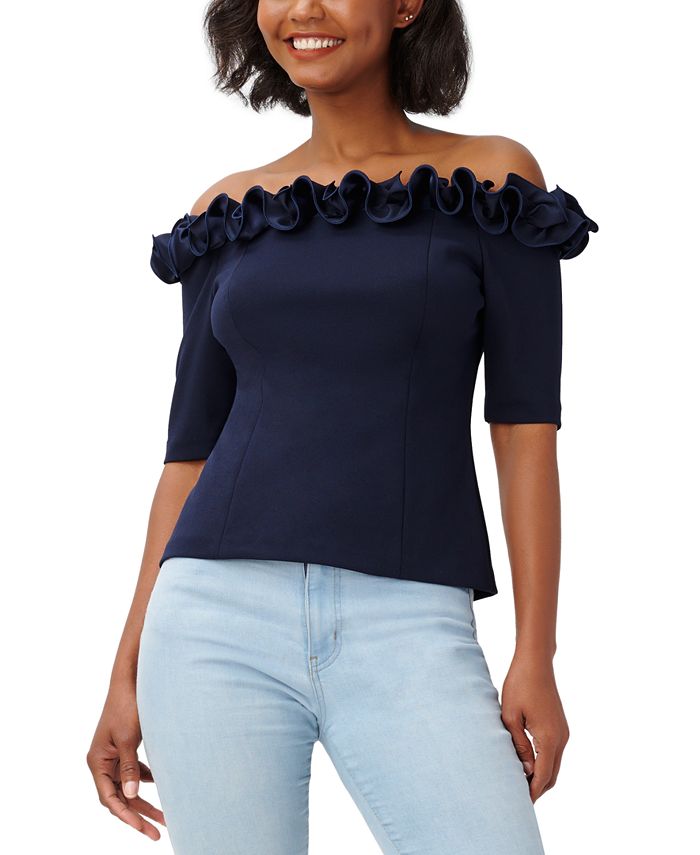 Adrianna Papell Blusa feminina com babados e ombros de fora, azul, tamanho 10