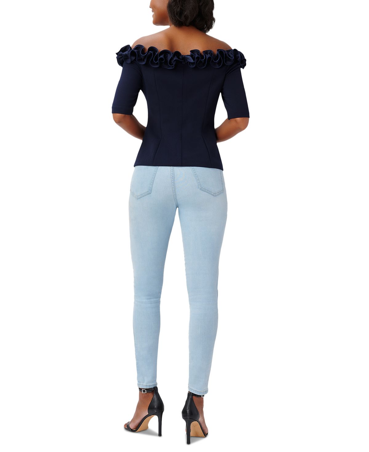 Adrianna Papell Blusa feminina com babados e ombros de fora, azul, tamanho 10