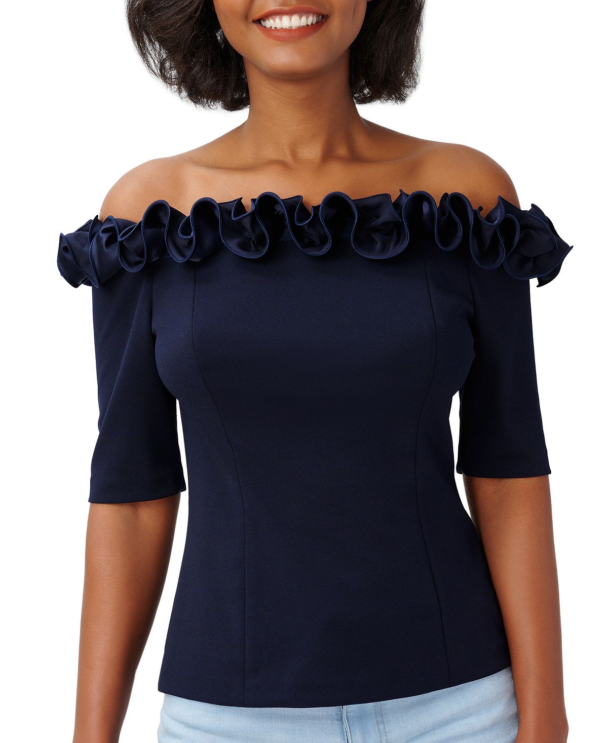 Adrianna Papell Blusa feminina com babados e ombros de fora, azul, tamanho 10