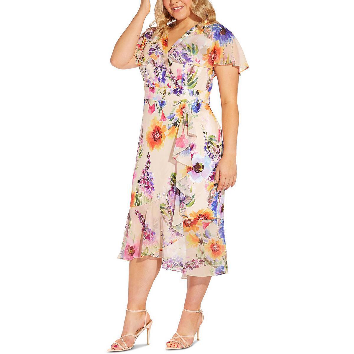 Vestido midi com babados florais e estampa de flores Adrianna Papell, marrom, tamanho 22W