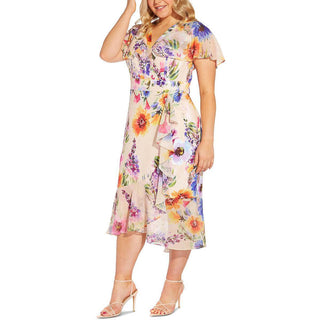 Adrianna Papell Women's Floral Ruffle Faux Wrap Midi Dress Brown Size 22W