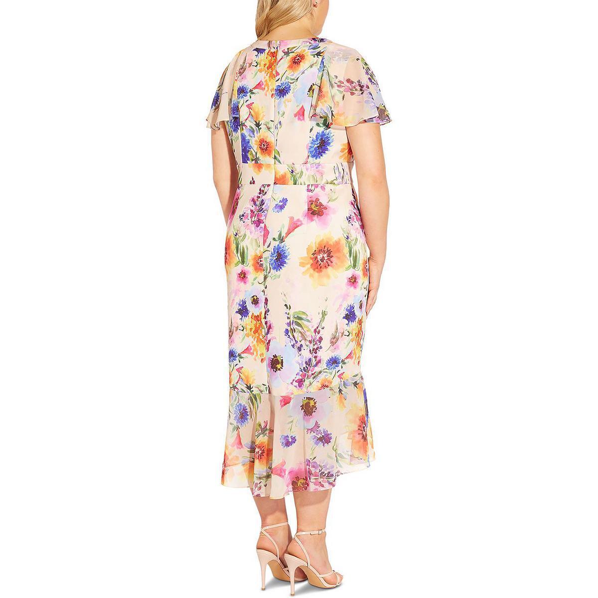Vestido midi com babados florais e estampa de flores Adrianna Papell, marrom, tamanho 22W