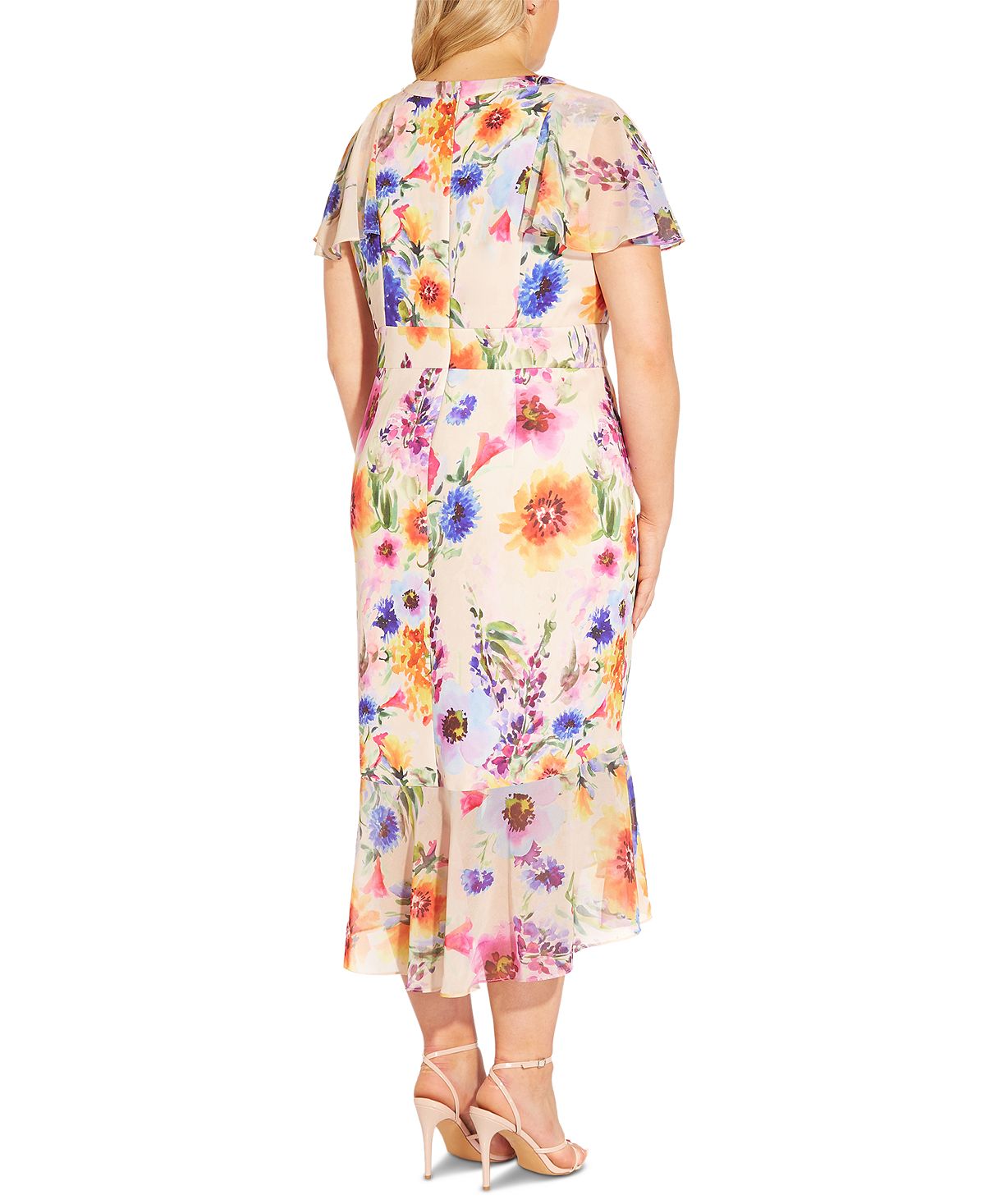 Vestido midi com babados florais e estampa de flores Adrianna Papell, marrom, tamanho 16W