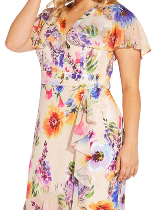 Adrianna Papell Women's Floral Ruffle Faux Wrap Midi Dress Brown Size 16W