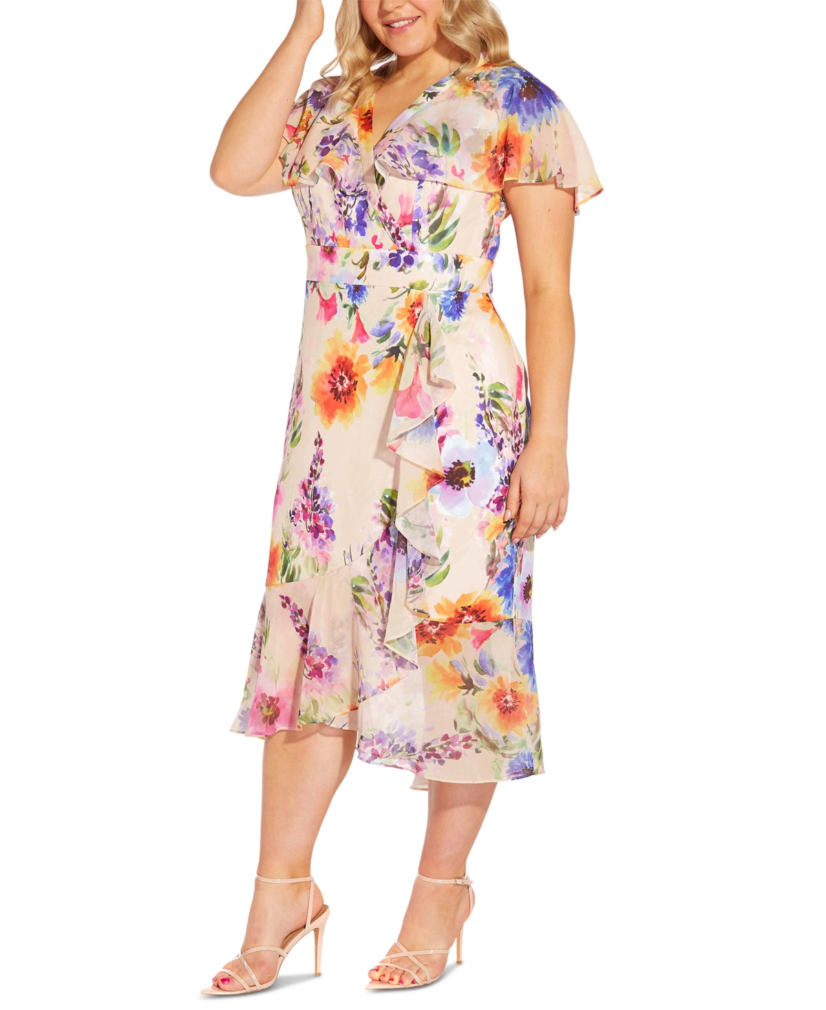 Vestido midi com babados florais e estampa de flores Adrianna Papell, marrom, tamanho 16W