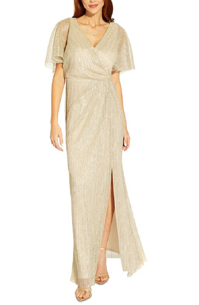 Vestido plissado metálico feminino Adrianna Papell, marrom, tamanho 4