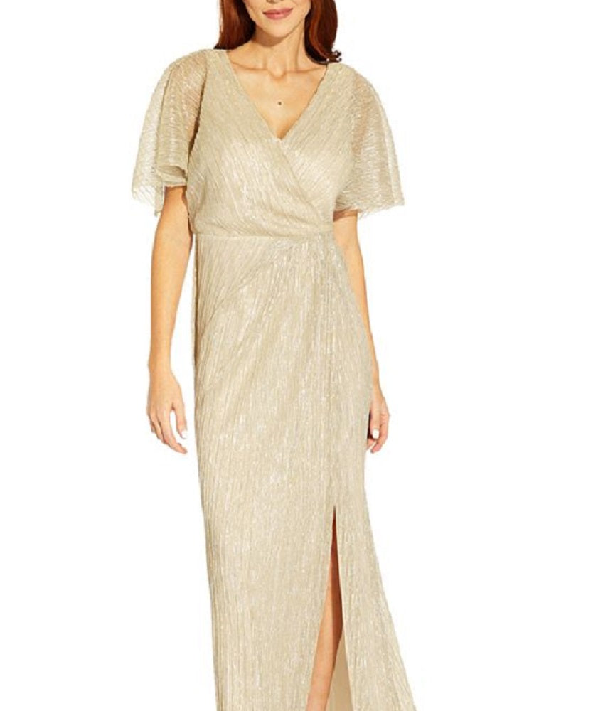 Vestido plissado metálico feminino Adrianna Papell, marrom, tamanho 4