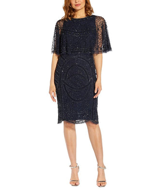 Adrianna Papell Women's Beaded Cape Cocktail Dress Blue Size 12