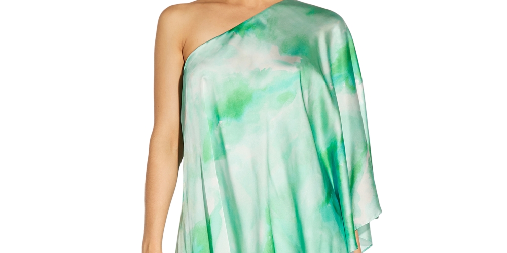 Vestido feminino estampado de um ombro só, verde, tamanho 14, Aidan By Aidan Mattox