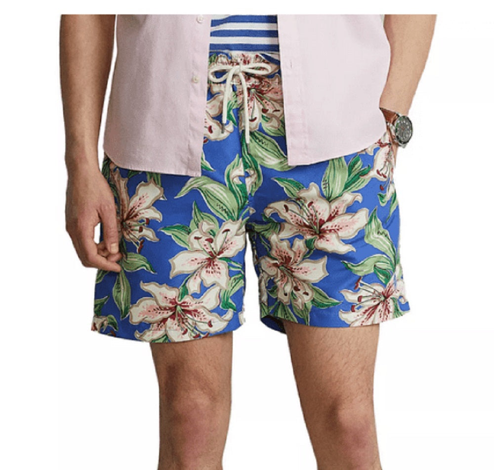 Calção de banho clássico floral viajante masculino Polo Ralph Lauren azul tamanho XX-G