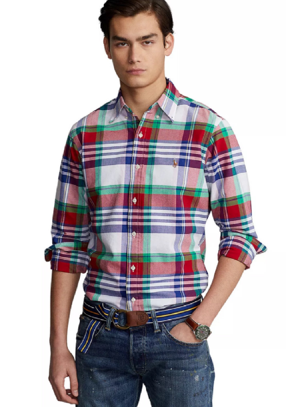 Camisa xadrez masculina Polo Ralph Lauren de manga comprida com botões, branca, tamanho pequeno