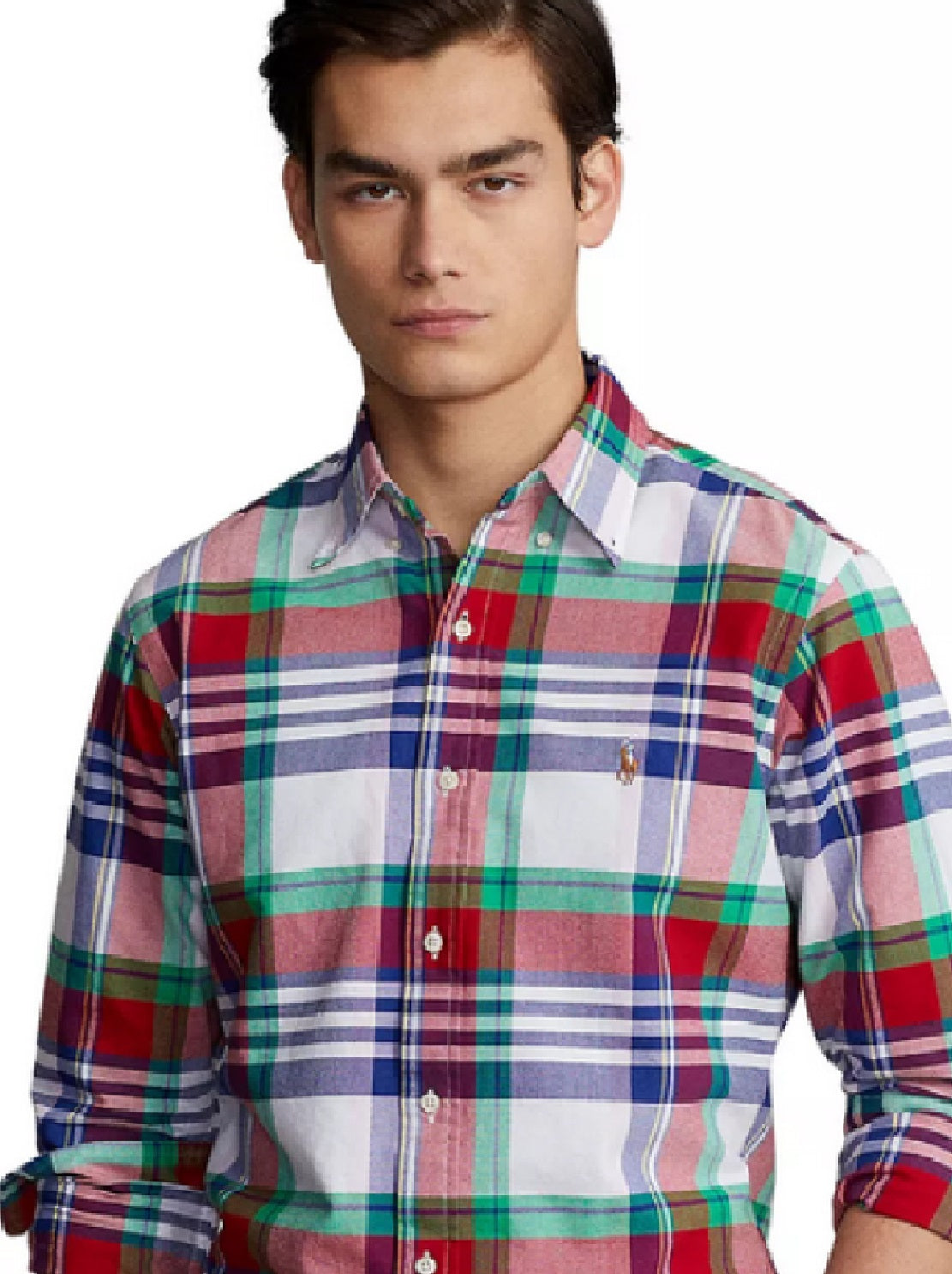 Camisa xadrez masculina Polo Ralph Lauren de manga comprida com botões, branca, tamanho pequeno