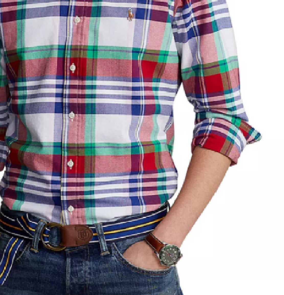 Camisa xadrez masculina Polo Ralph Lauren de manga comprida com botões, branca, tamanho pequeno