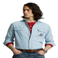 Camisa de trabalho masculina Polo Ralph Lauren Classic Fit Flag Chambray azul tamanho XX-G
