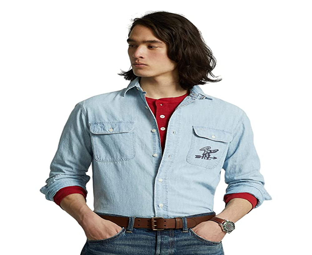 Camisa de trabalho masculina Polo Ralph Lauren Classic Fit Flag Chambray azul tamanho XX-G