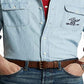 Camisa de trabalho masculina Polo Ralph Lauren Classic Fit Flag Chambray azul tamanho XX-G