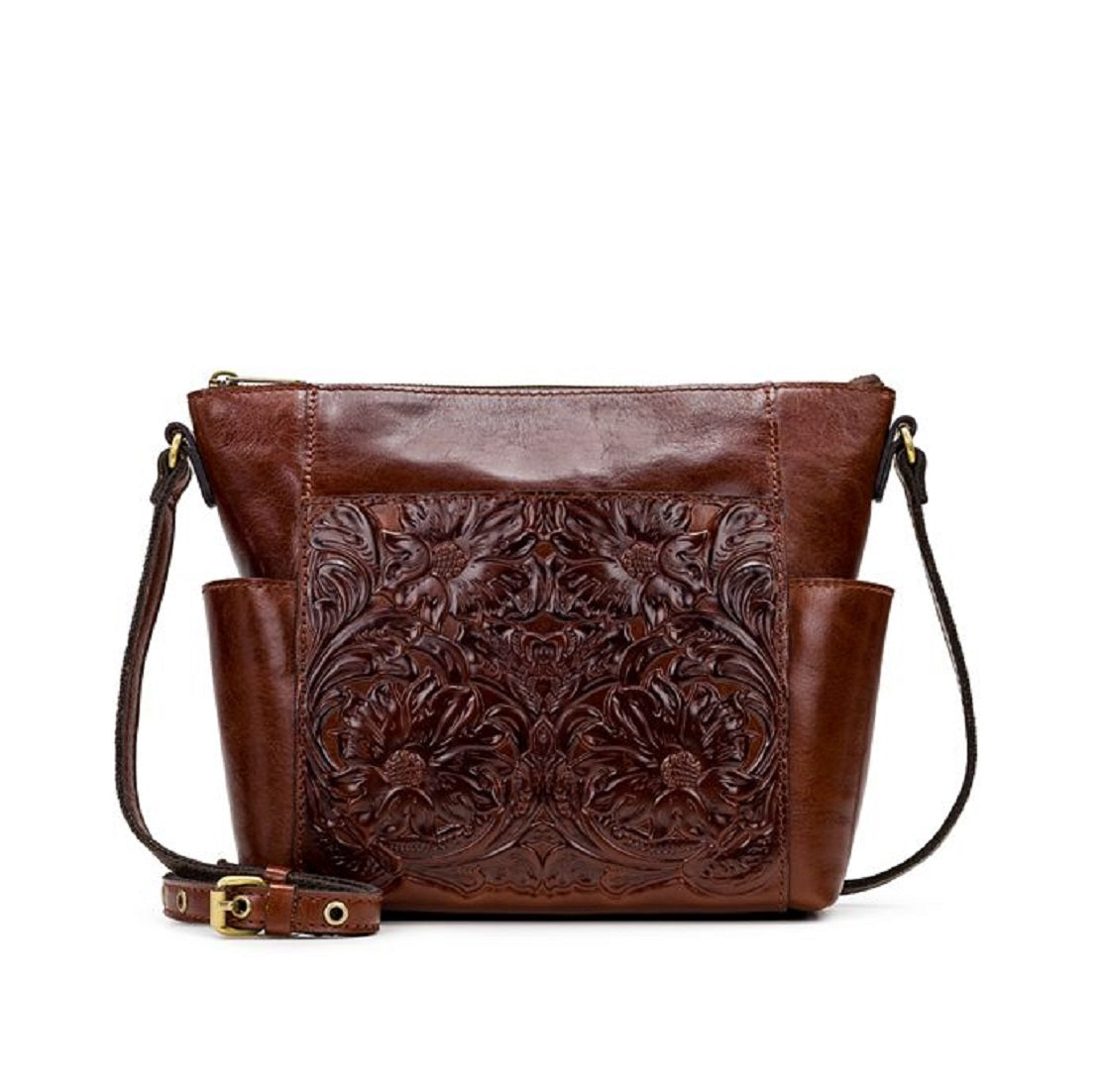 Bolsa transversal feminina Patricia Nash Aveley de couro marrom, tamanho regular