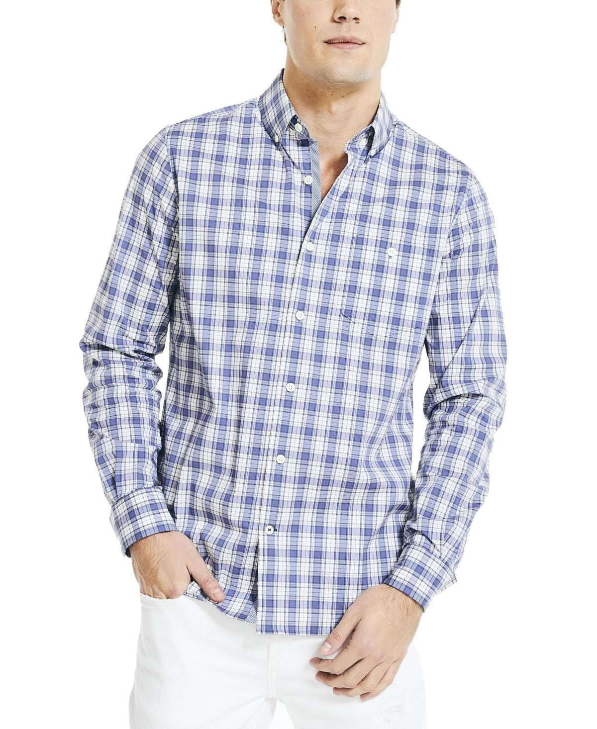 Camisa xadrez elástica Navtech Moisture Wicking Performance Masculina Nautica Azul Tamanho Grande