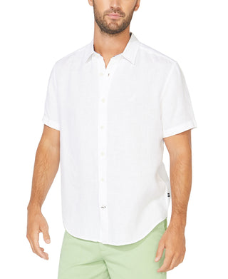 Camisa masculina Nautica Classic Fit de linho liso, manga curta, branca, tamanho X-G