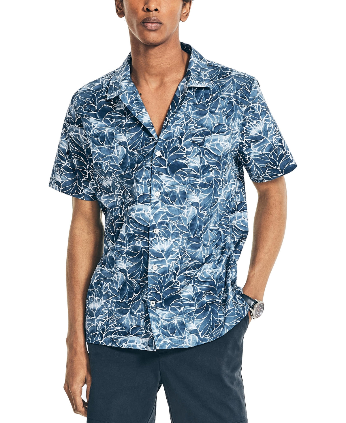 Camisa masculina de manga curta com estampa floral e algodão elástico Nautica, tamanho X-S