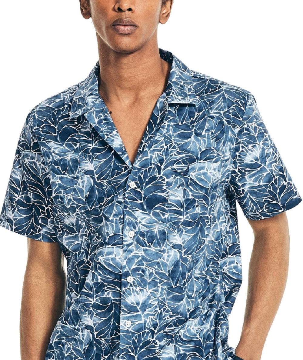Camisa masculina de manga curta com estampa floral elástica Nautica, tamanho grande, azul