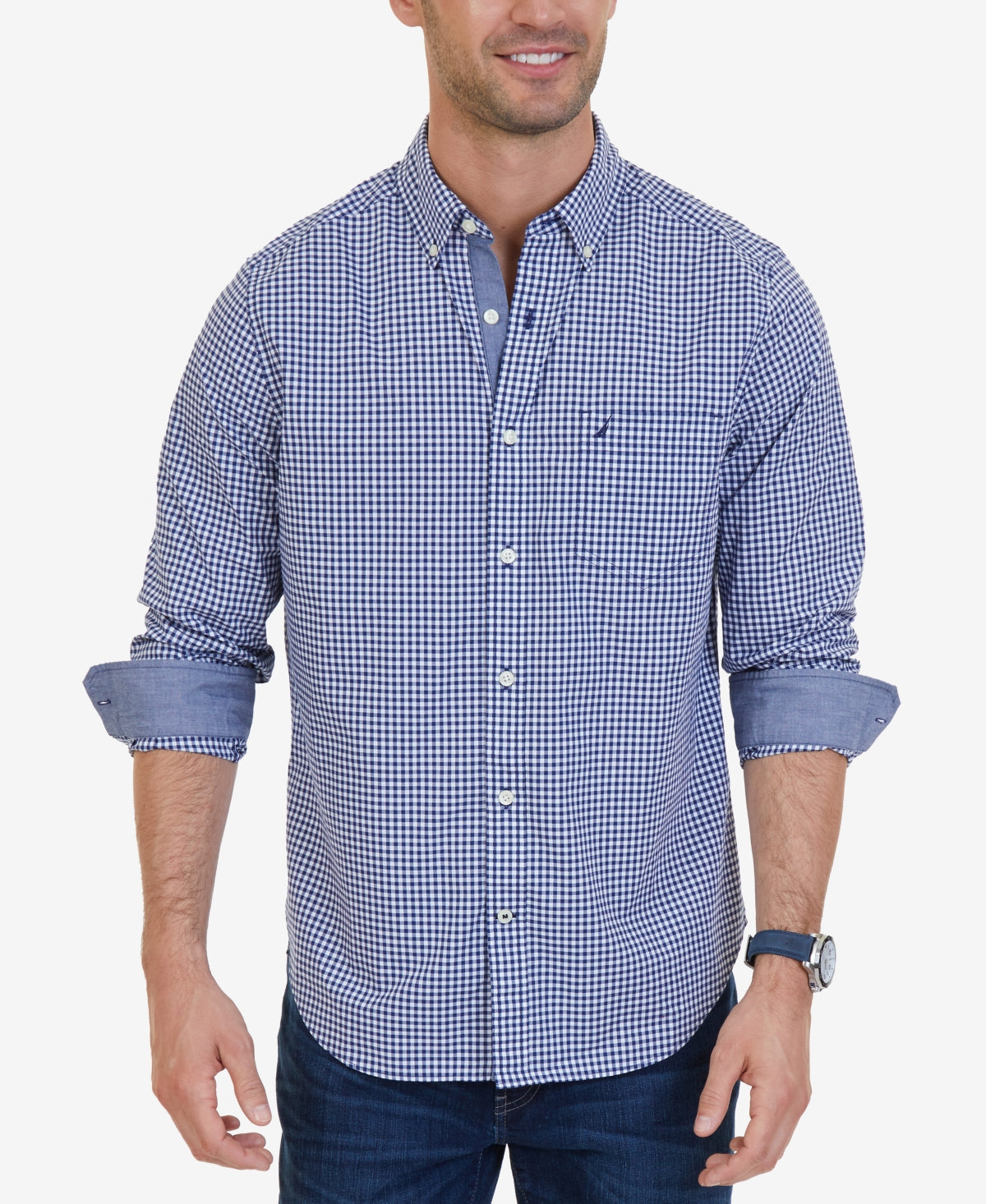 Camisa masculina Nautica Classic Fit, manga comprida, xadrez xadrez, azul, tamanho XX-G