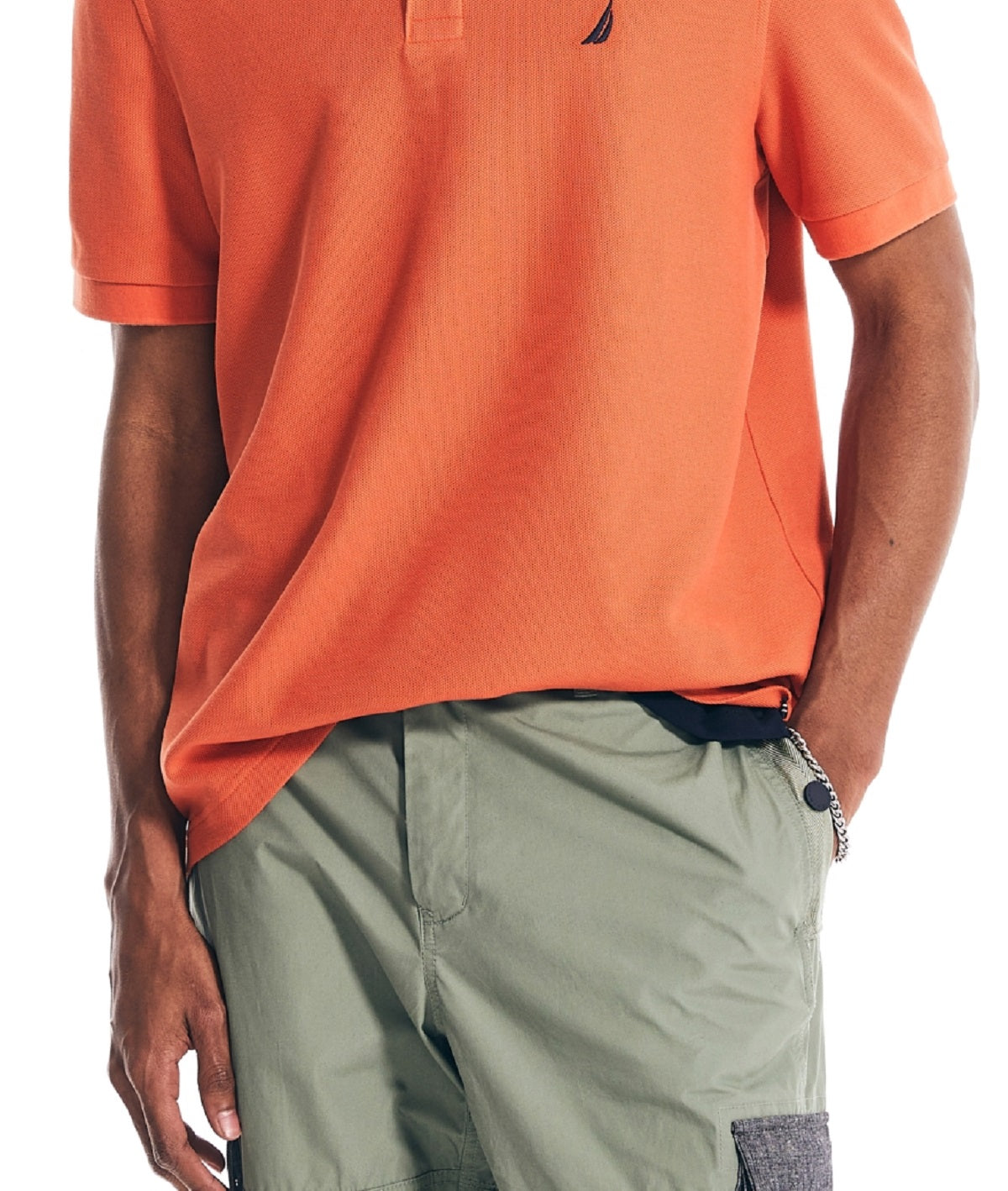 Camisa polo masculina Nautica, convés, com caimento clássico, convés, laranja, tamanho pequeno