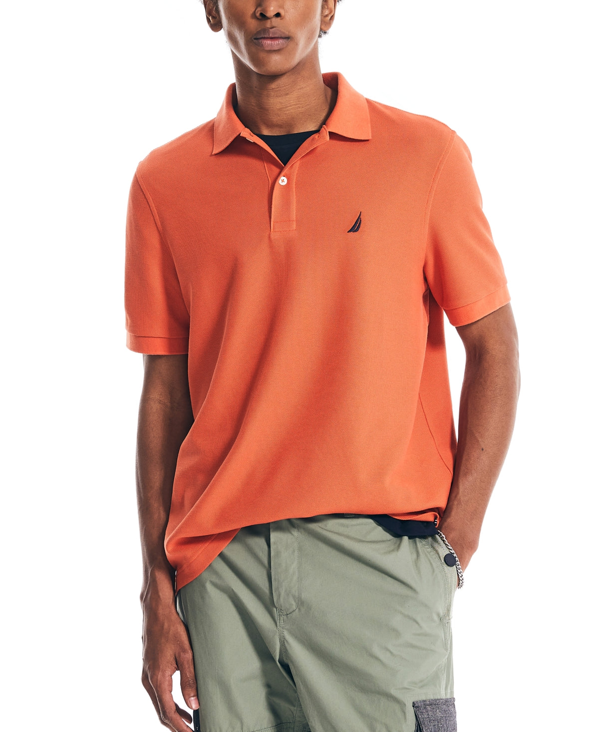 Camisa polo masculina Nautica, convés, com caimento clássico, convés, laranja, tamanho pequeno