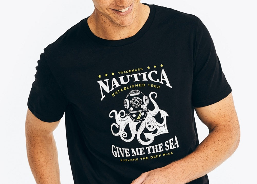 Camiseta masculina Nautica com estampa sustentável Give Me The Sea, preta, tamanho X-G