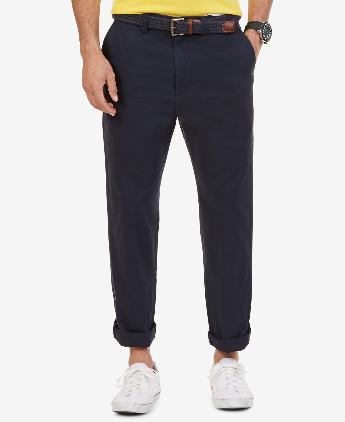Calça de sarja frontal plana Nautica masculina, tamanho 60x30, azul, âncora grande e alta