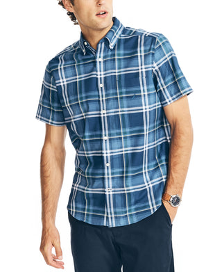 Camisa Oxford Xadrez Elástica de Manga Curta Classic Fit Masculina Nautica Azul Tamanho P