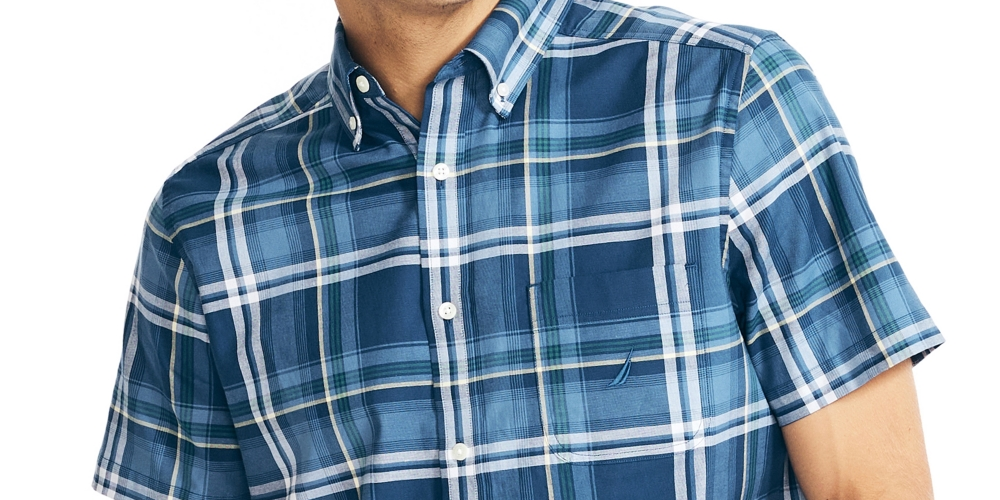 Camisa Oxford Xadrez Elástica de Manga Curta Classic Fit Masculina Nautica Azul Tamanho P
