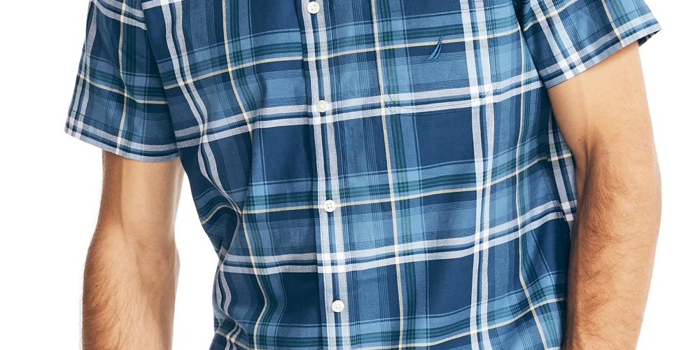 Camisa Oxford Xadrez Elástica de Manga Curta Classic Fit Masculina Nautica Azul Tamanho P