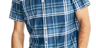 Camisa Oxford Xadrez Elástica de Manga Curta Classic Fit Masculina Nautica Azul Tamanho P