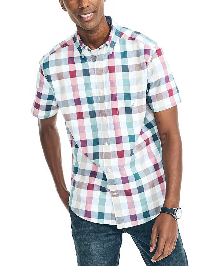 Camisa Oxford Xadrez Elástica de Manga Curta Classic Fit Masculina Nautica Branca Tamanho Médio