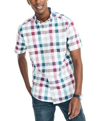 Camisa Oxford Xadrez Elástica de Manga Curta Classic Fit Masculina Nautica Branca Tamanho Médio
