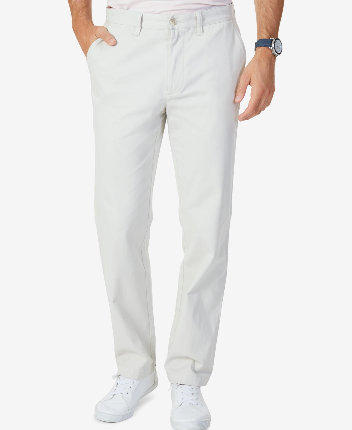 Calça de convés chino Nautica masculina, ajuste clássico, elástica, lisa, frente plana, branca, tamanho 38x32
