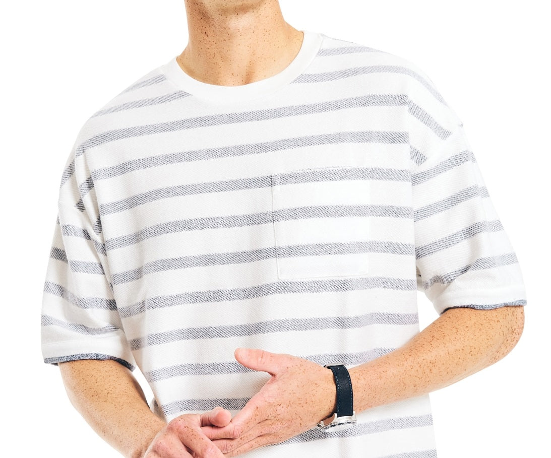 Camiseta masculina Nautica, tamanho grande, com ajuste solto e gola redonda, listrada e bolso, branca, tamanho grande