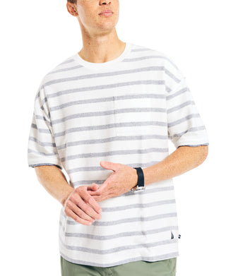 Camiseta masculina Nautica, tamanho grande, com ajuste solto e gola redonda, listrada e bolso, branca, tamanho grande