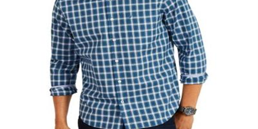 Camisa xadrez masculina Nautica Classic Fit com botões, azul, tamanho grande