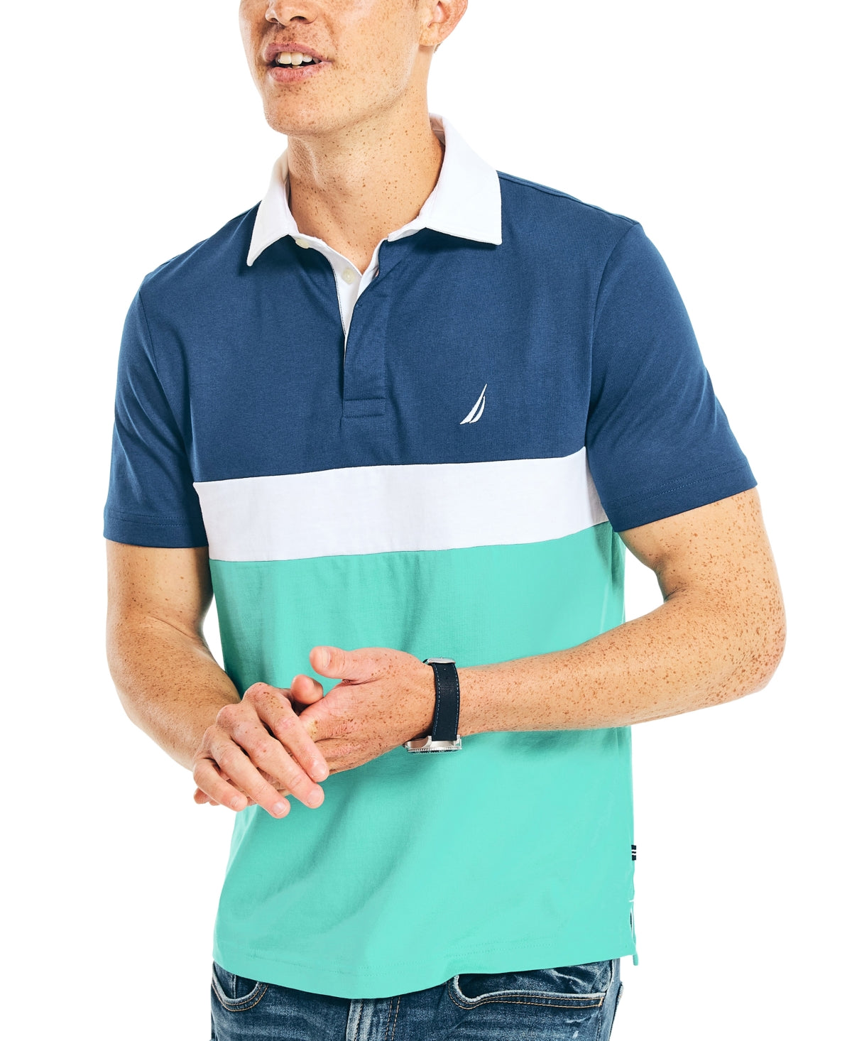 Camisa polo masculina Nautica com blocos de cores, azul, tamanho grande