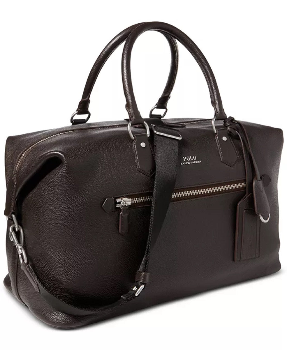 Bolsa esportiva masculina Polo Ralph Lauren em couro granulado, preta, tamanho regular