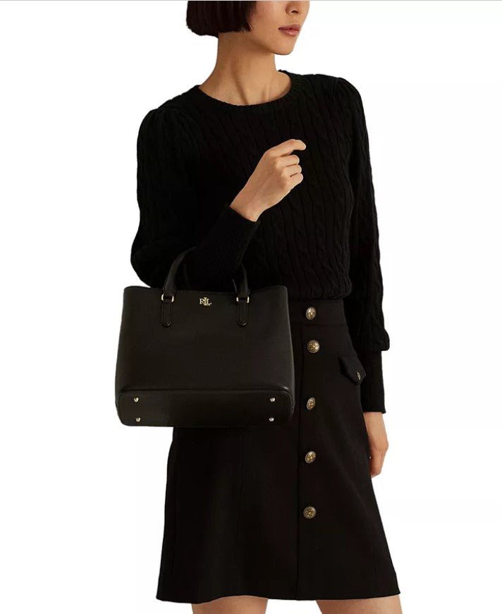 Bolsa Ralph Lauren Marcy Pequena de Couro Preta Tamanho Regular