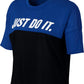Camiseta de corrida Nike Just Do It Dri Fit Colorblocked feminina, preta, tamanho GG