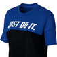 Camiseta de corrida Nike Just Do It Dri Fit Colorblocked feminina, preta, tamanho GG