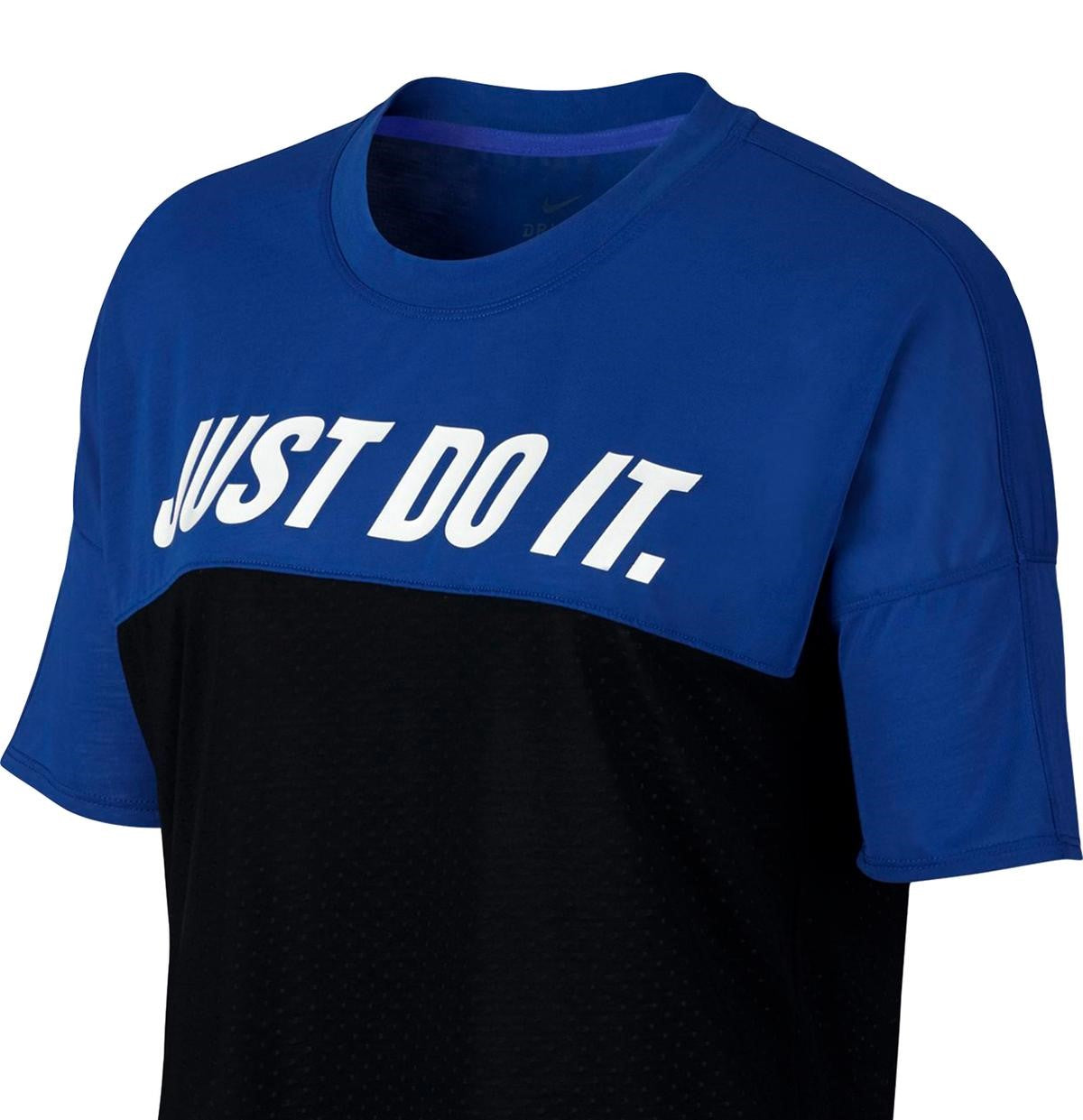 Camiseta de corrida Nike Just Do It Dri Fit Colorblocked feminina, preta, tamanho GG