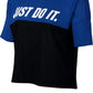 Camiseta de corrida Nike Just Do It Dri Fit Colorblocked feminina, preta, tamanho GG