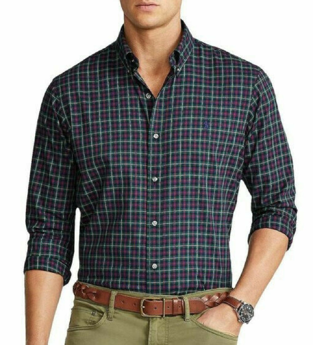 Camisa Polo Ralph Lauren Masculina de Algodão Sarja Xadrez Classic Fit Azul Tamanho Médio