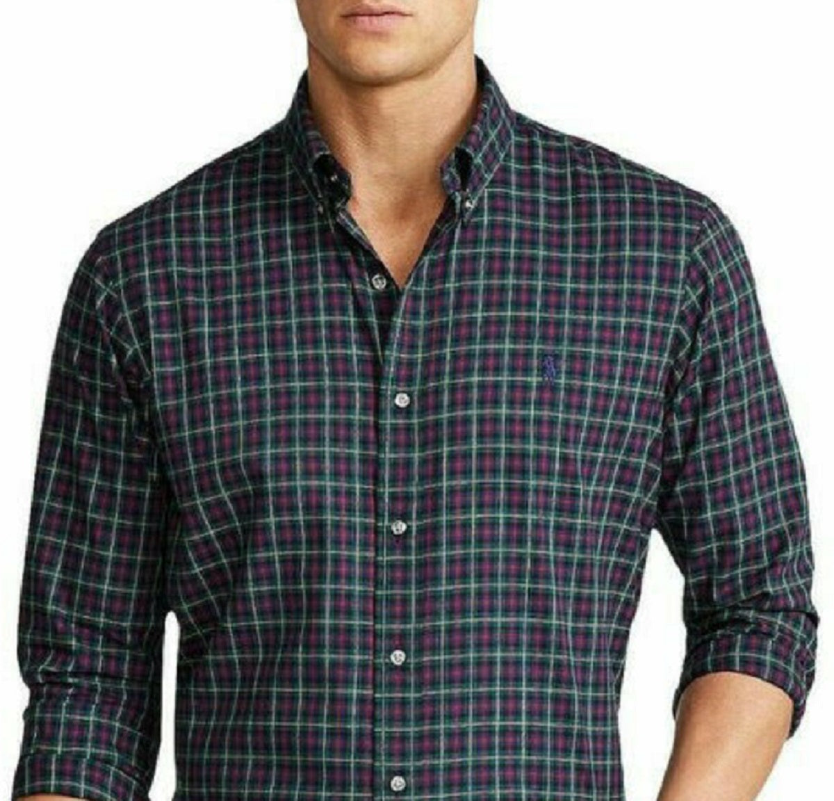 Camisa Polo Ralph Lauren Masculina de Algodão Sarja Xadrez Classic Fit Azul Tamanho Médio