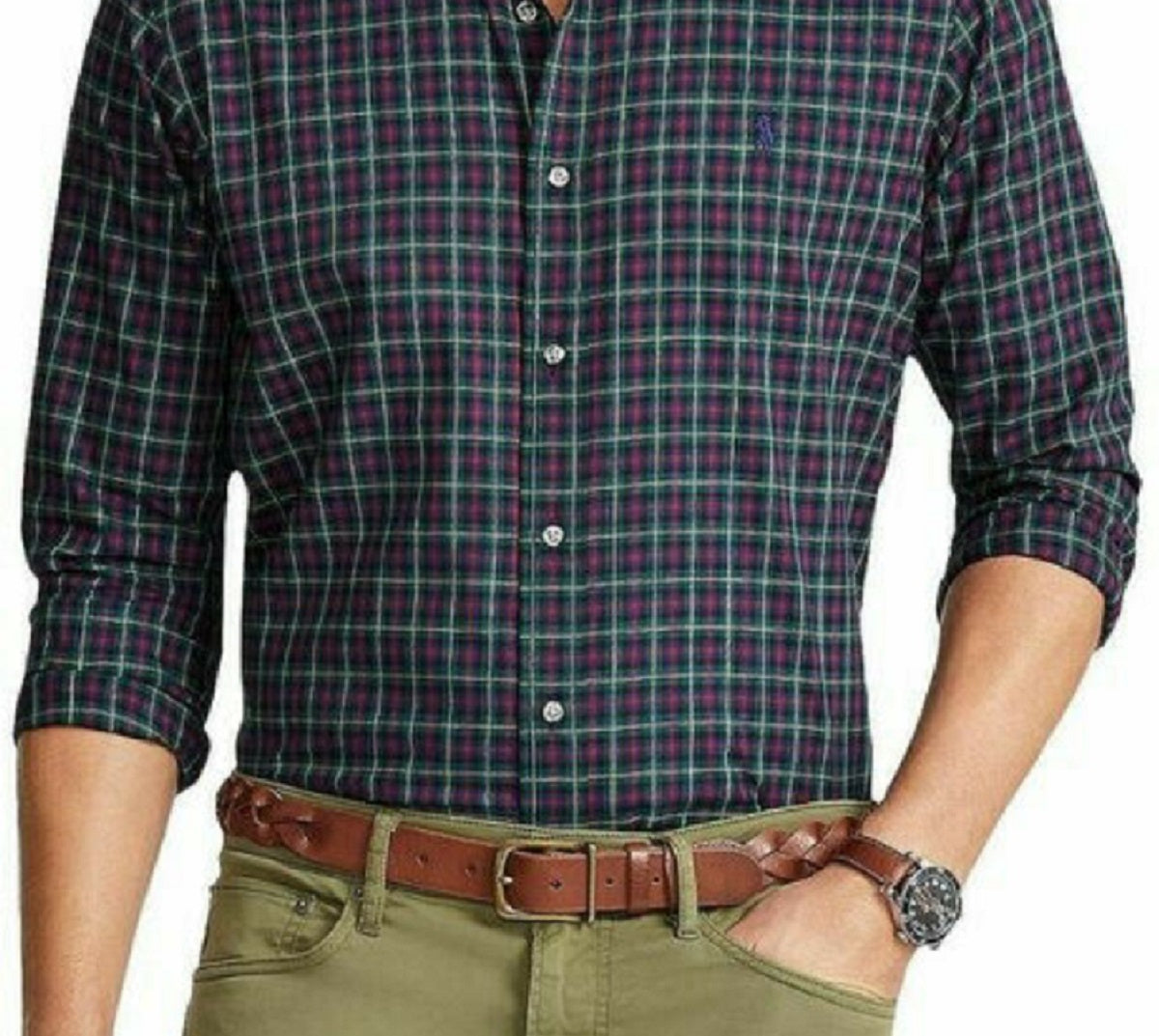 Camisa Polo Ralph Lauren Masculina de Algodão Sarja Xadrez Classic Fit Azul Tamanho Médio